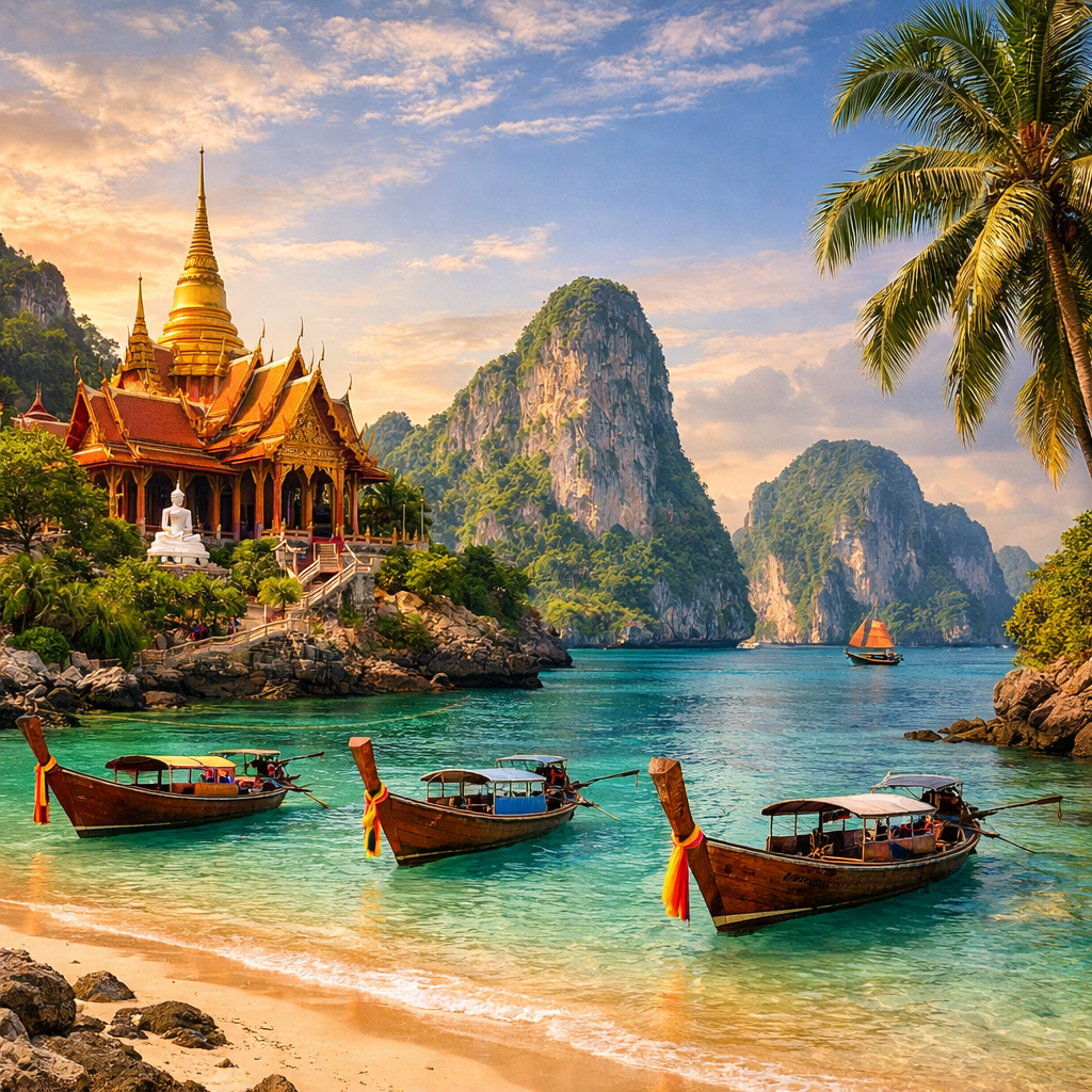 Golden Thai temple on rocky shore with turquoise water, wooden boats, palm tree, and limestone cliffs in background