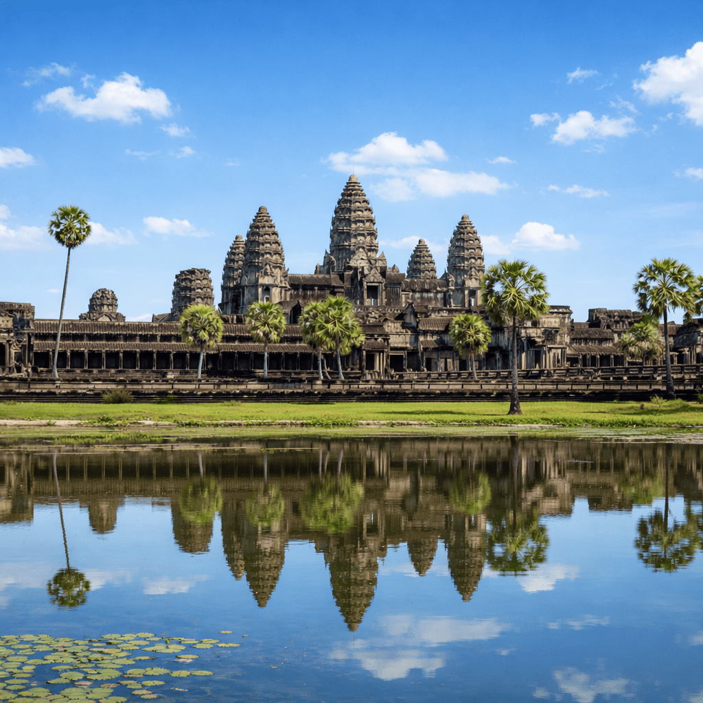 Angkor Wat temple silhouette at sunrise with reflection in water