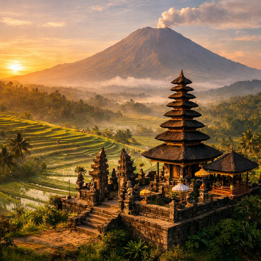 Balinese temple with tiered roof near rice terraces and smoking volcano at sunrise