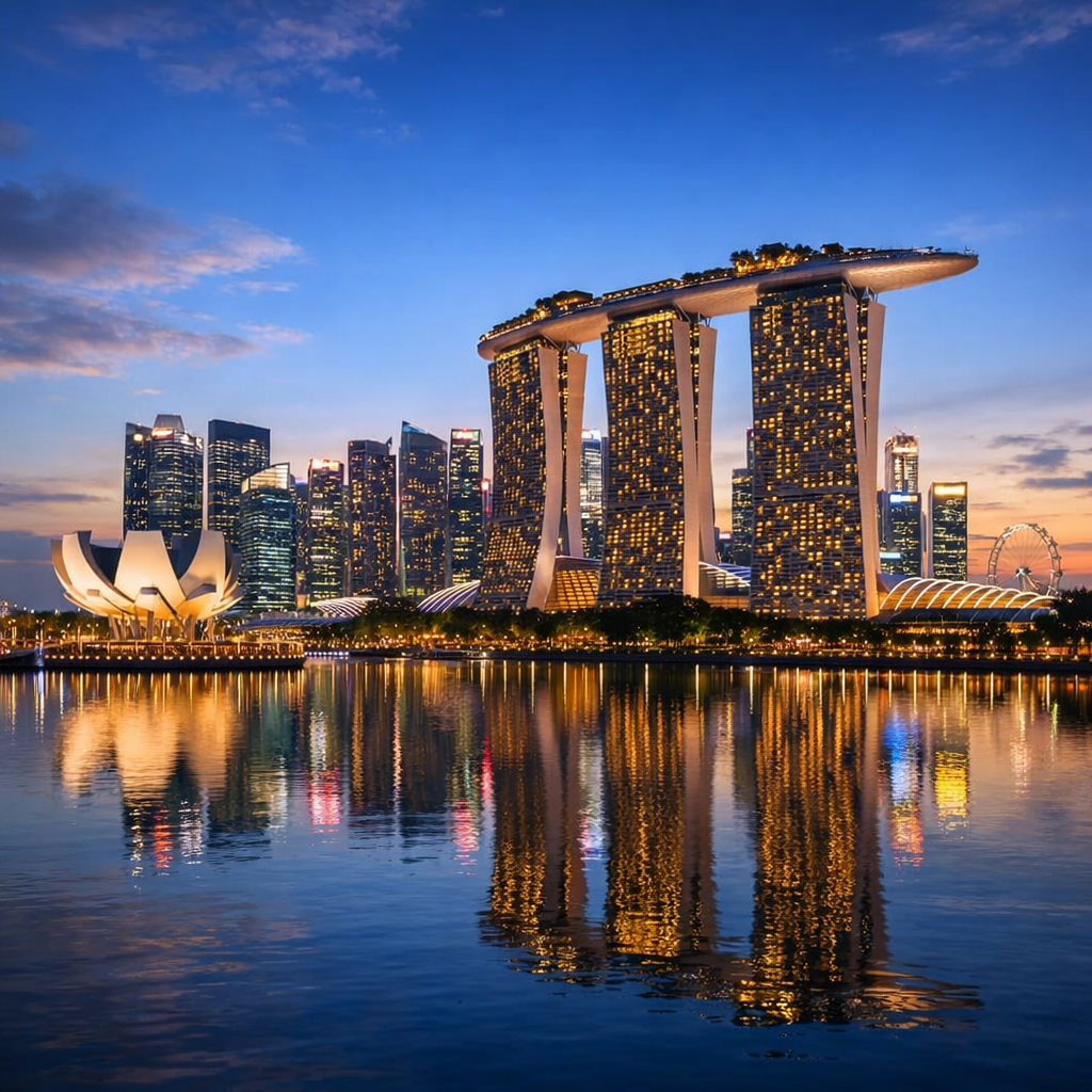 Marina Bay Sands with city skyline reflecting on water at dusk