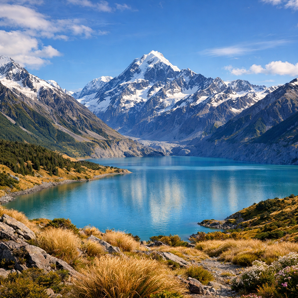 Blue alpine lake with snow-covered mountains and rocky shoreline under blue sky