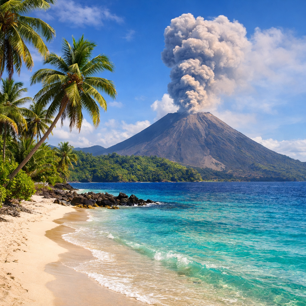 Beach with palm trees and turquoise water; volcano erupting smoke and ash