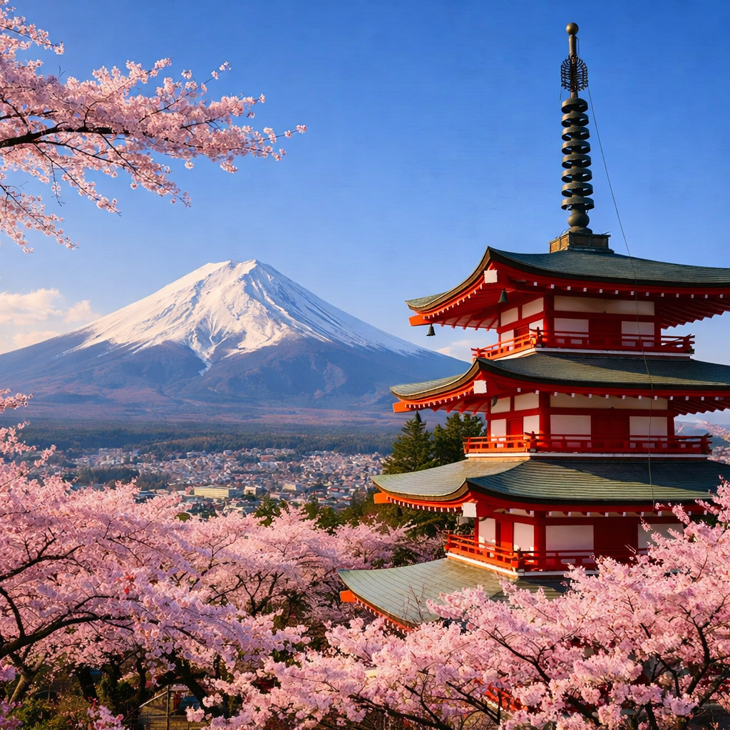 Red Chureito Pagoda surrounded by pink cherry blossoms with Mount Fuji in the background