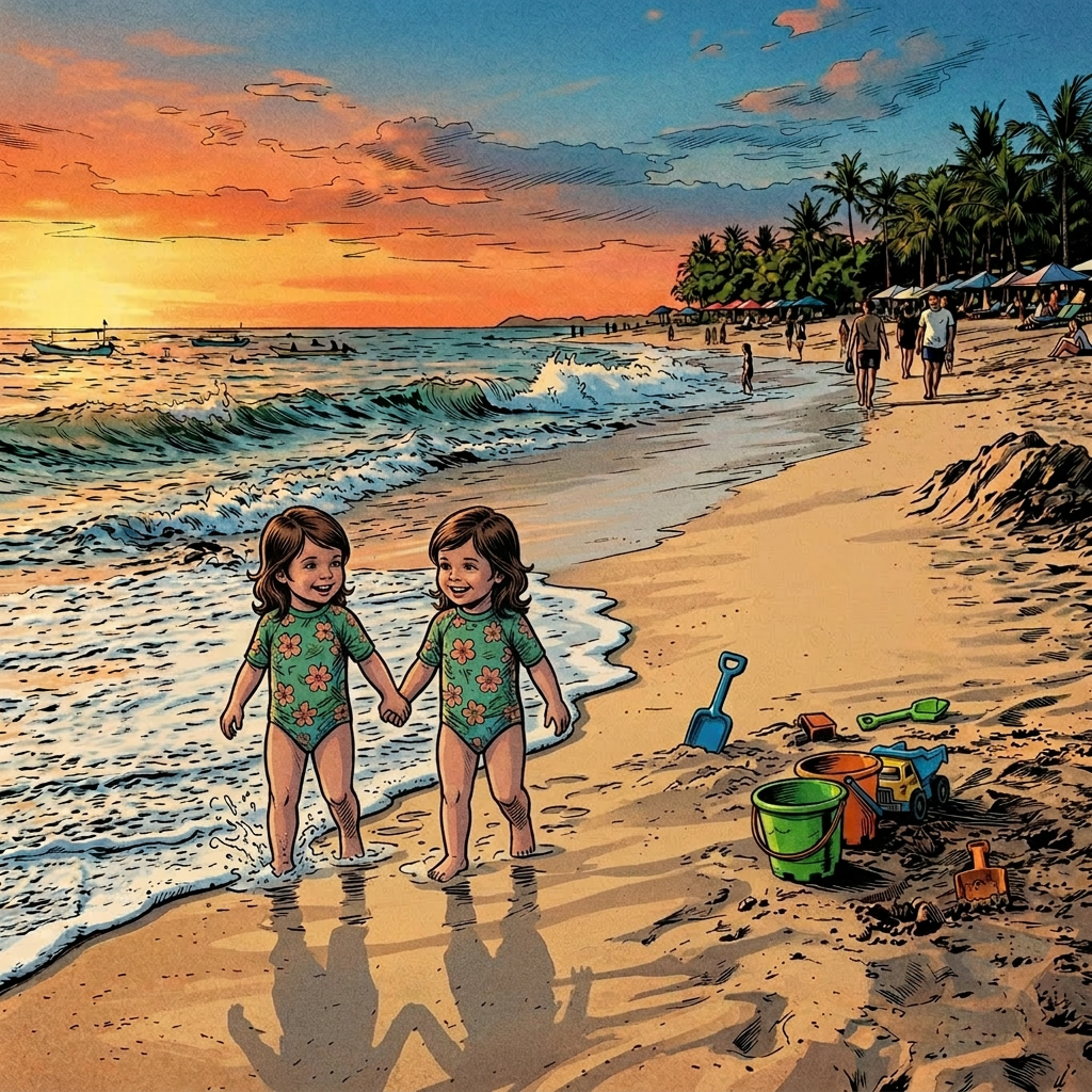 Two young girls holding hands walking in shallow water on a beach at sunset with sand toys nearby