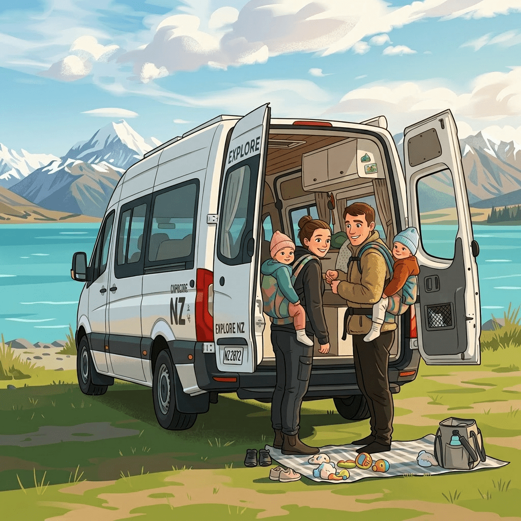 Family standing by open campervan doors near lake with babies in carriers